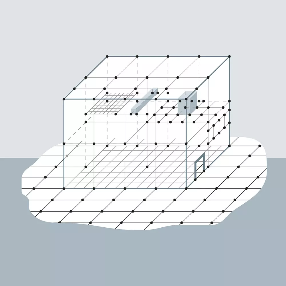 A captivating image displays a 3D minimalist structure, where black dots form a diagonal grid, creating depth in a sleek glass frame. The white base and metal pole support add elegance, with the light blue background accentuating the geometric shapes dynamic movement.